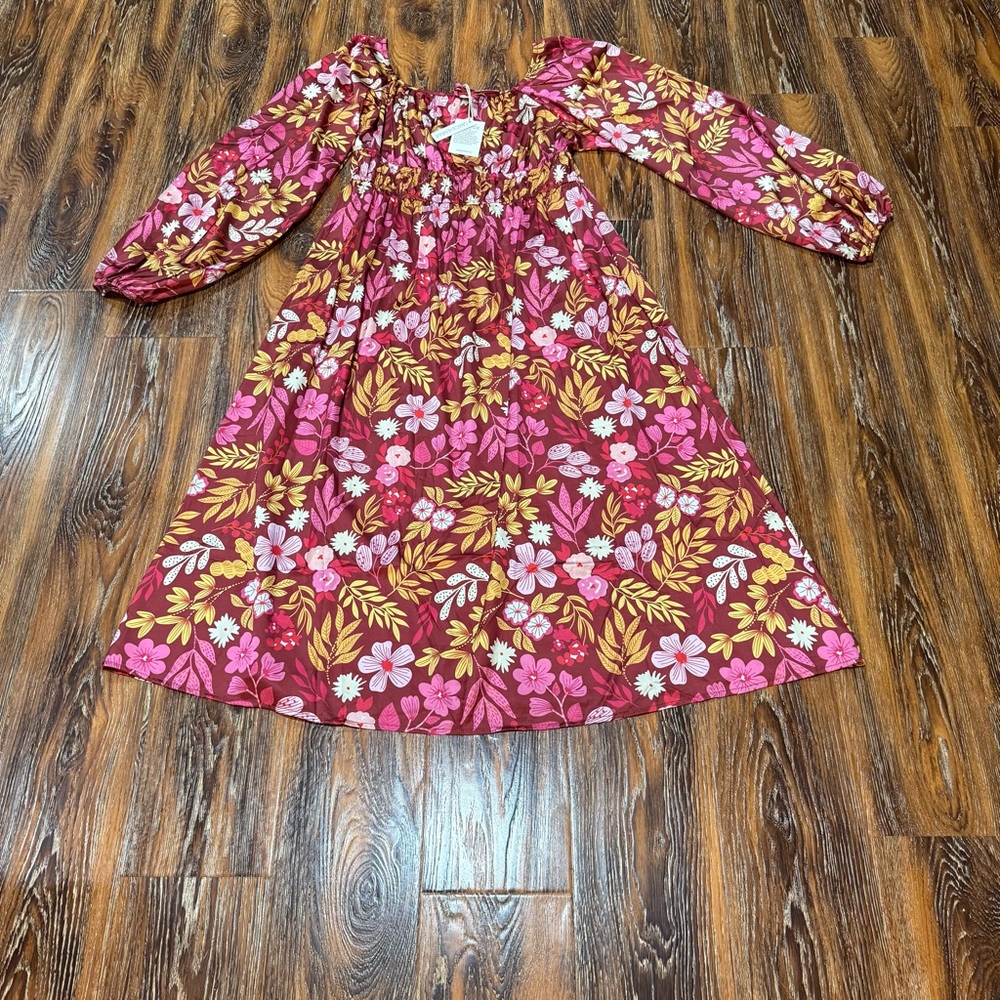 NEW Grace + Emma M Smocked Midi‎ Dress Womens Burgundy Floral Long Sleeve Boho